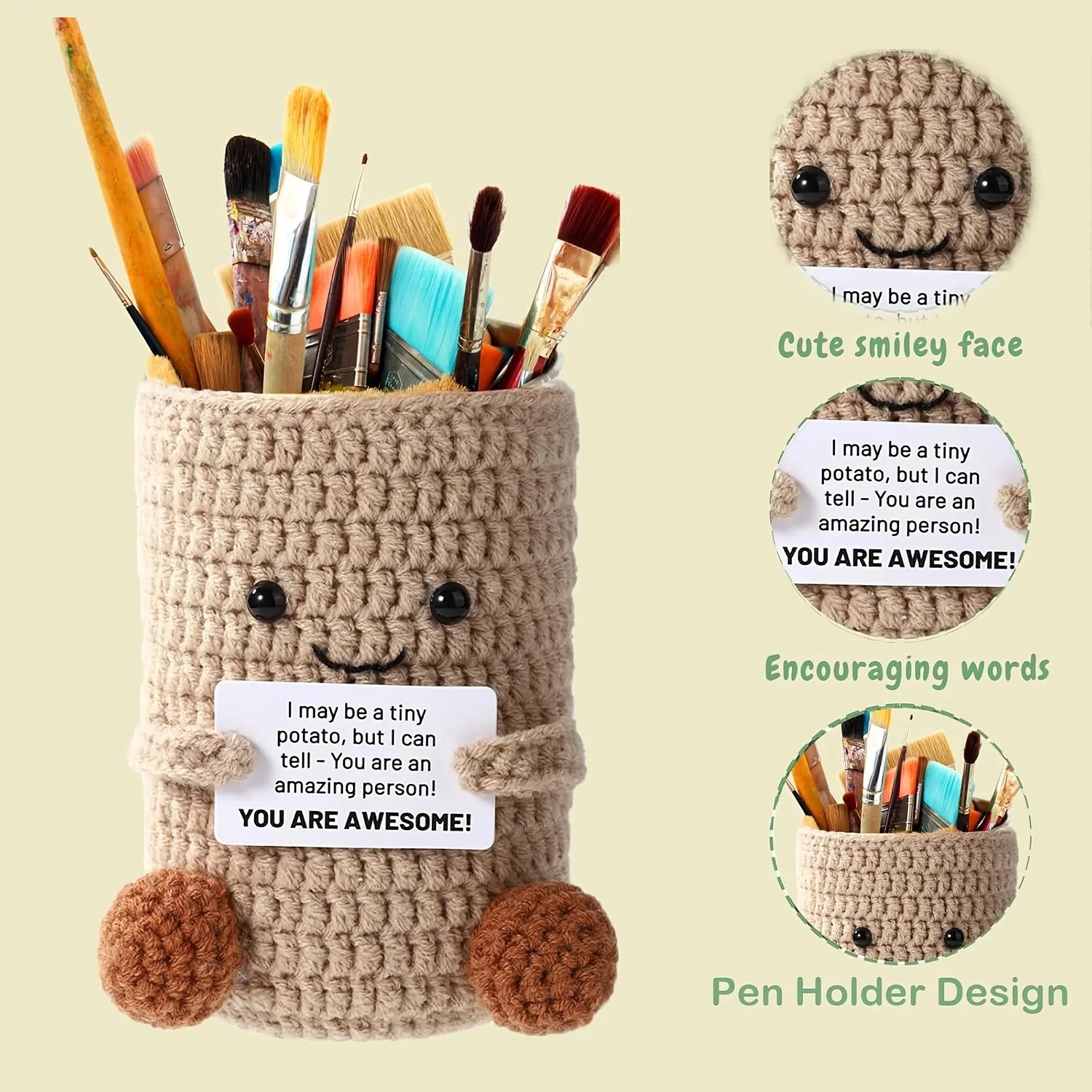 1pc Creative Positive Pen Holder Crochet Cute Pencil Holder Makeup Brush Container Handmade Desk Organizer Office Home Decor