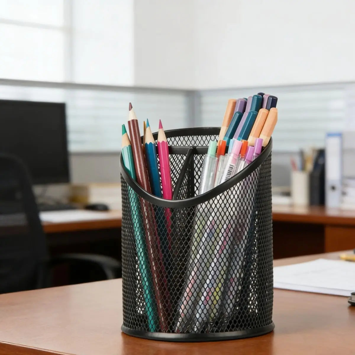 Large Capcity Pen Holder Mesh Round Pencil Holder Desktop Organizer 3 Compartments Black
